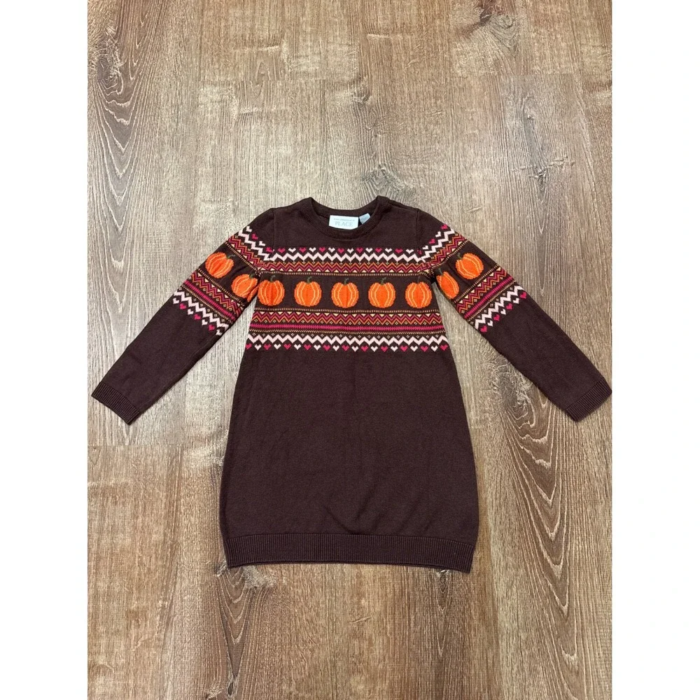 The Childrens Place Girls 4T Brown Pumpkin Fair Isle Sweater Dress Fall Knit